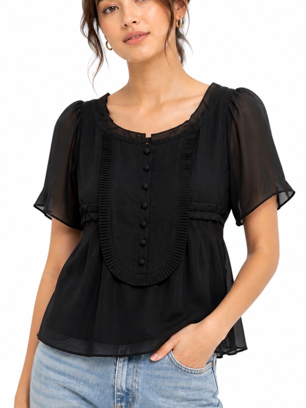 Vertigo Paris Black Flowy Polychiffron Blouse Classic Dark Whimsy Goth Mesh